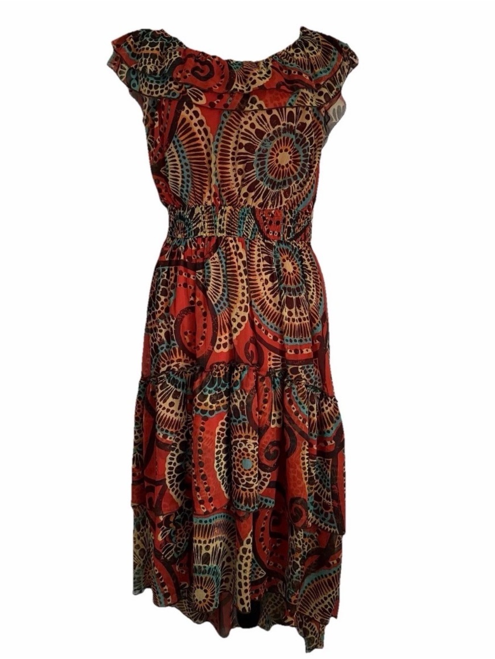 Madison Woman Dress Womens 1X Geometric Chiffon Hi Low Ruffle Maxi Boho Resort